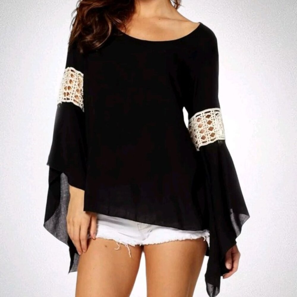 ELAN Black Flowy Bell Sleeve Lightweight Blouse with Boho Crochet Detail Size S